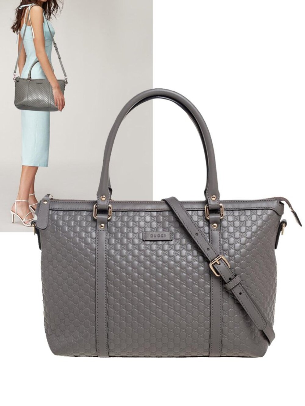 GUCCI BAG 449656 GRAY MICROGUCCISSIMA GG LOGO LEATHER TOTE w STRAP MEDIUM